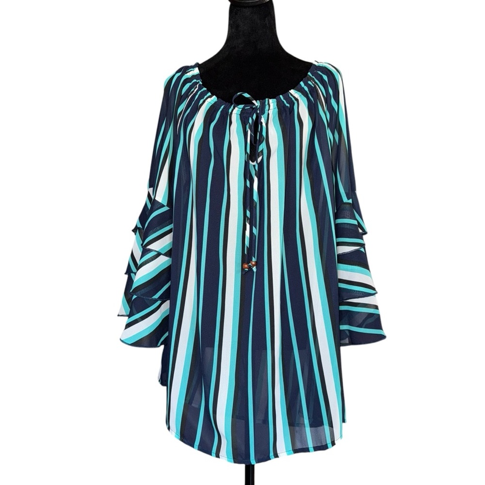 Speed Limit Blouse Womens 3X Blue Teal White Stripe Ruffles Sleeve Sheer NWT